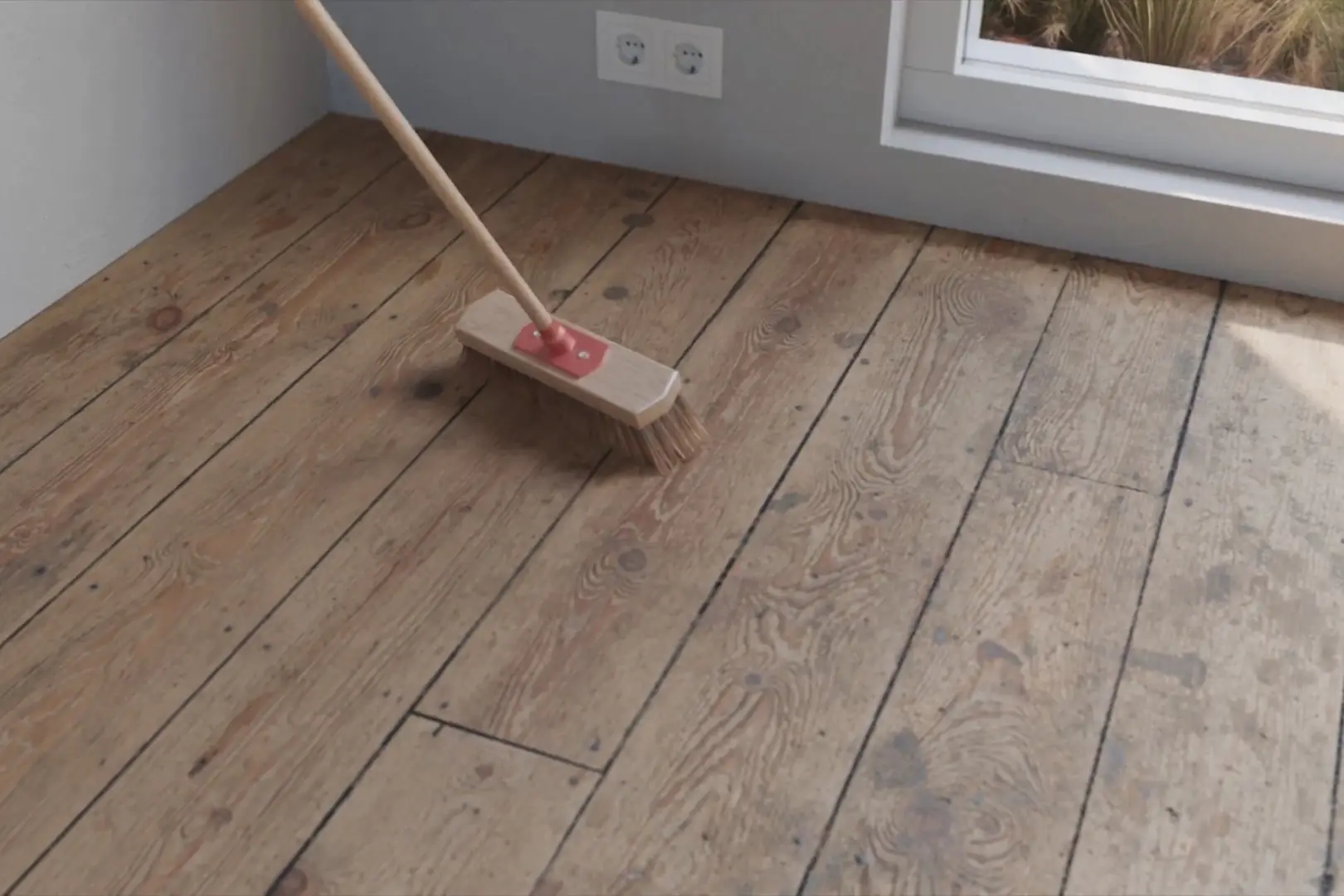 Broom cleaning a Wooden/Concrete subfloor.